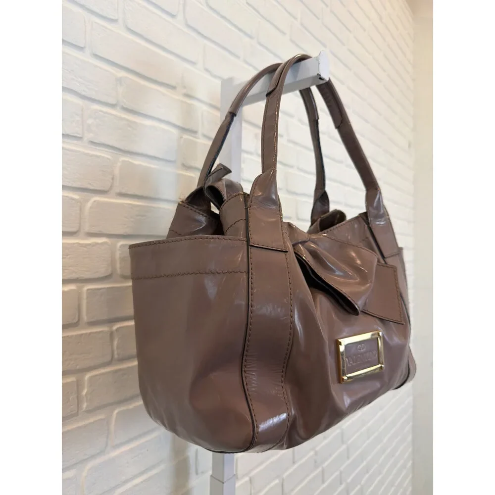 Valentino Garavani Bow Tote Taupe Patent Leather Shoulder Bag